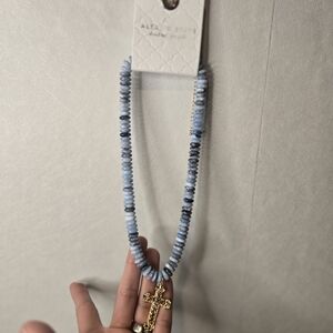 Altar'd State Blue Beaded Necklace with Gold Cross